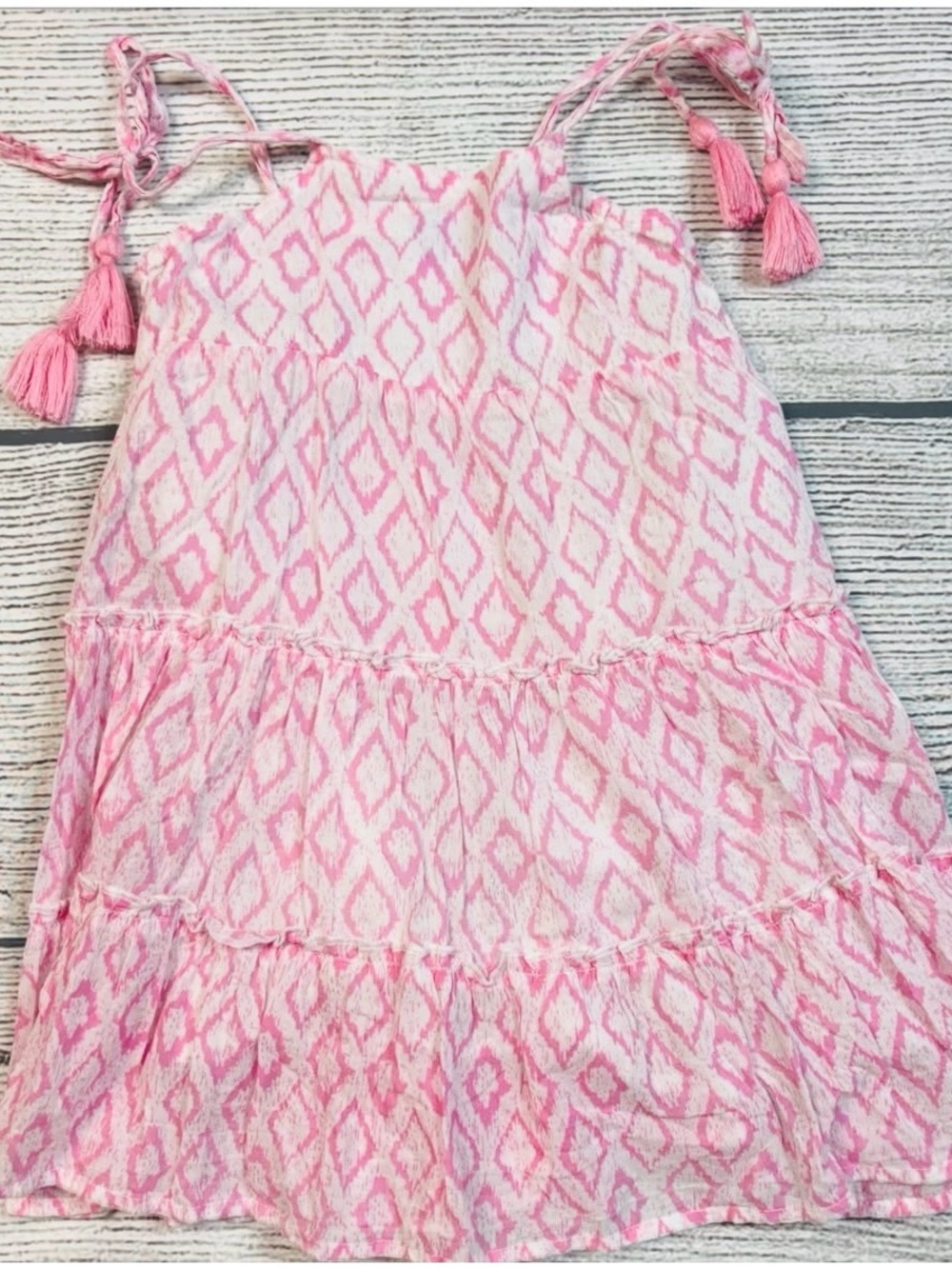 Girls' Pink Patterned Tiered Sundress with Tassel Straps